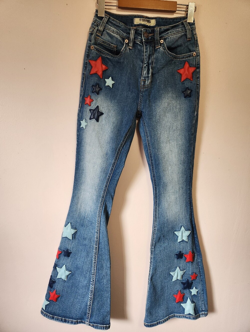 Rock & Roll Denim High Rise Star Patch Flare Jeans 25x34 Western Stampede Y2K